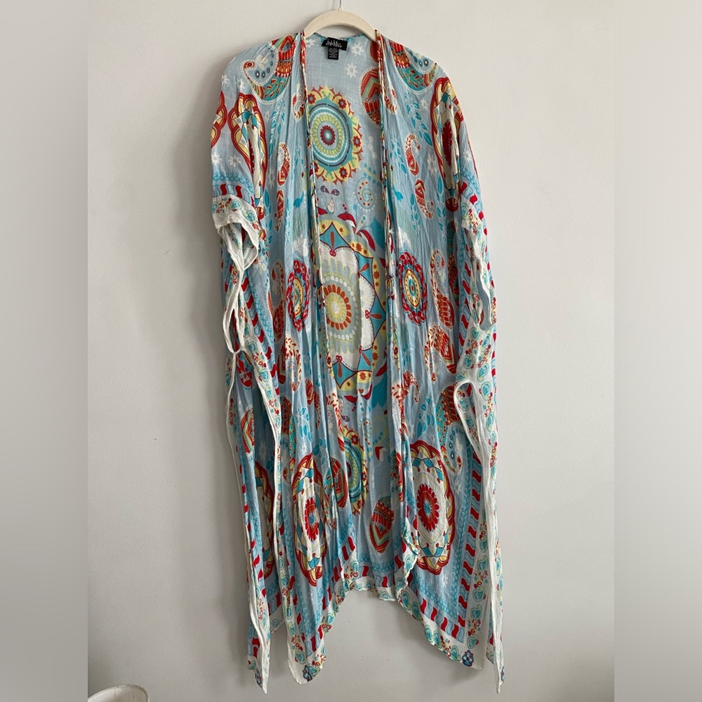 Nicole Miller Light Blue Boho Kimono Duster with Multicolor Medallion Print